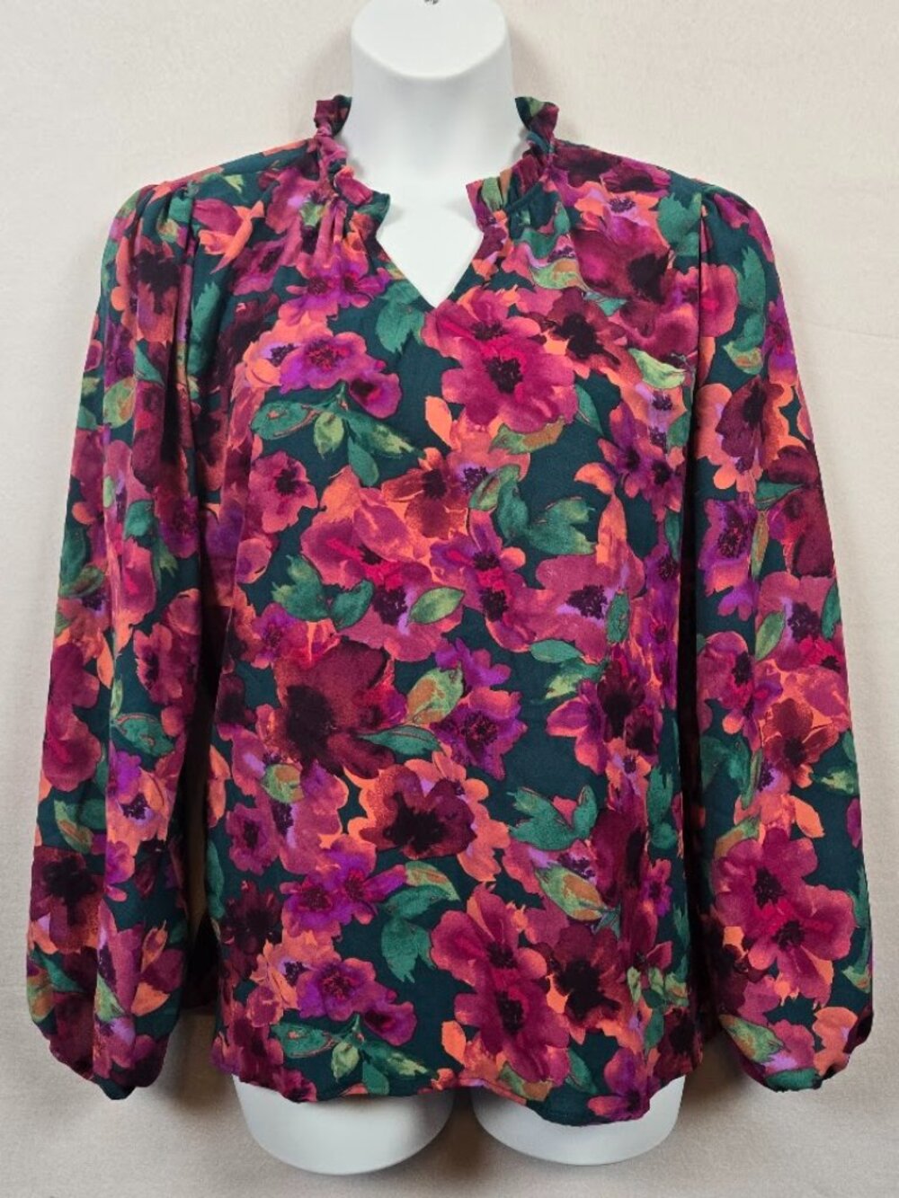 Haptics Can't Be Next To You Floral Ruffle Blouse Women's 2X Green Magenta